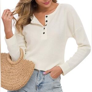 Waffle Knit Tunic Top Loose Long Sleeve Button Up V-Neck Henley Shirt